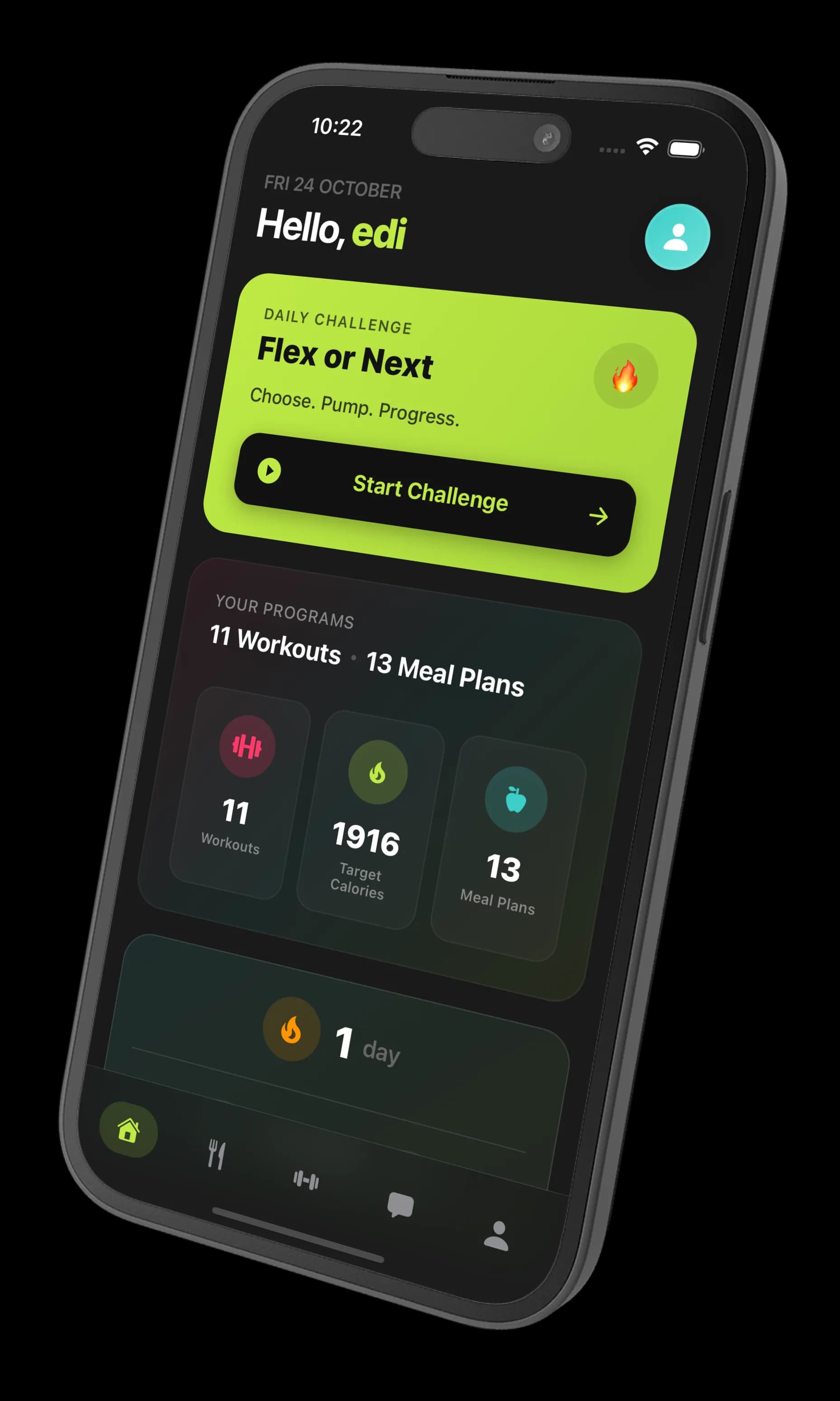 FitAzi progress dashboard showing workout and nutrition tracking